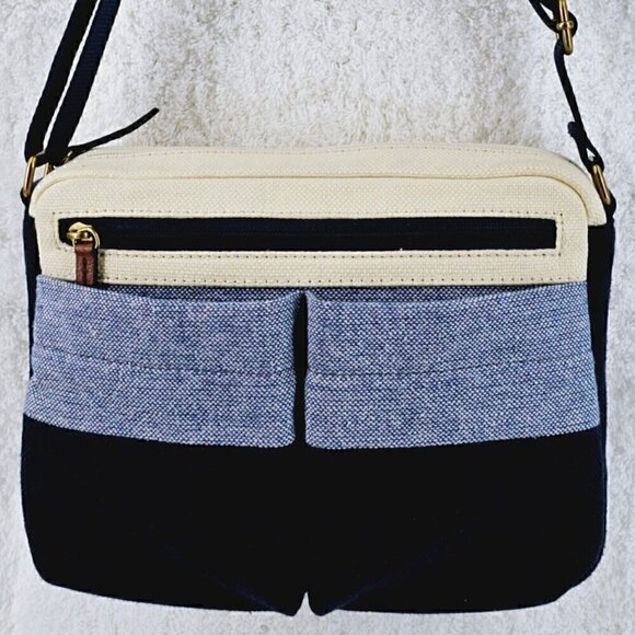 FOSSIL Navy Blue Ivory Striped Linen Crossbody Leather Accents Adjustable Strap - Picture 5 of 16